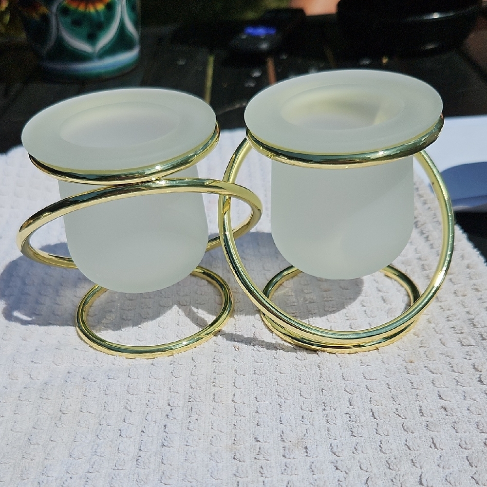 PartyLite Frosted Glass Candle Holders with Gold Accents